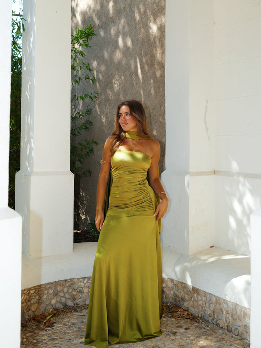 Olivia | Vestido Verde con Escote Palabra de Honor
