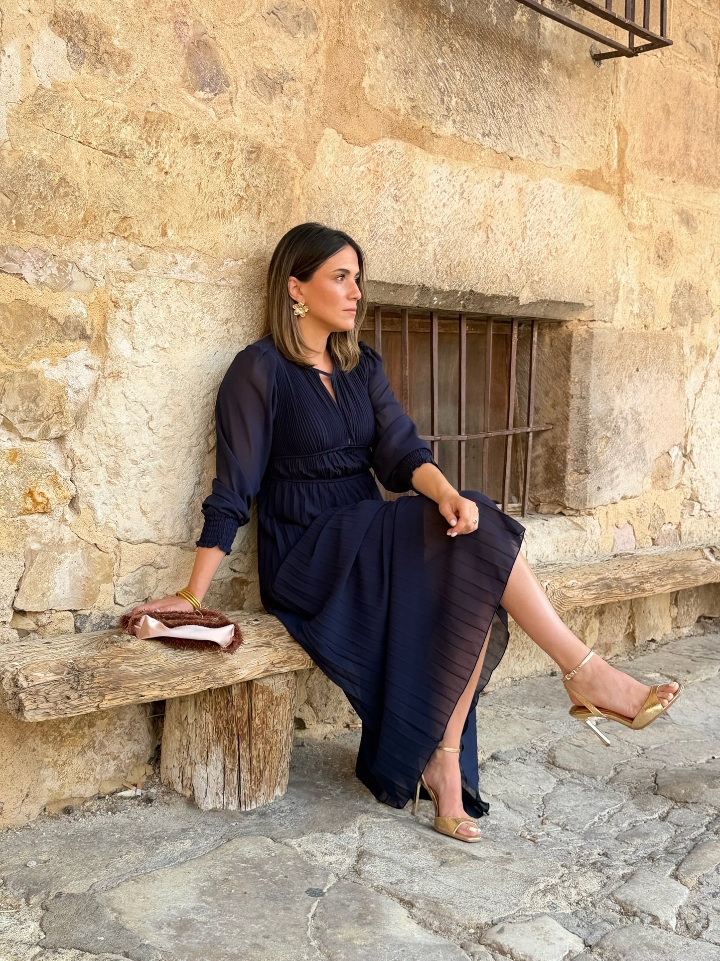 Alba | Vestido Midi Plisado Azul Marino