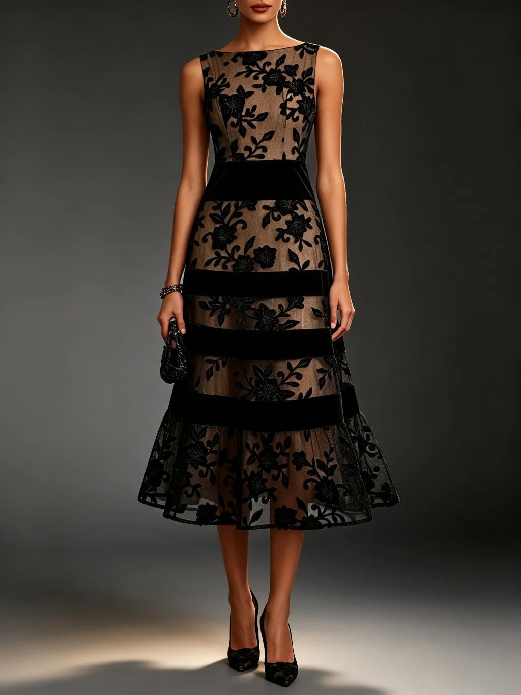 Odette | Vestido Midi de Tul Bordado Floral